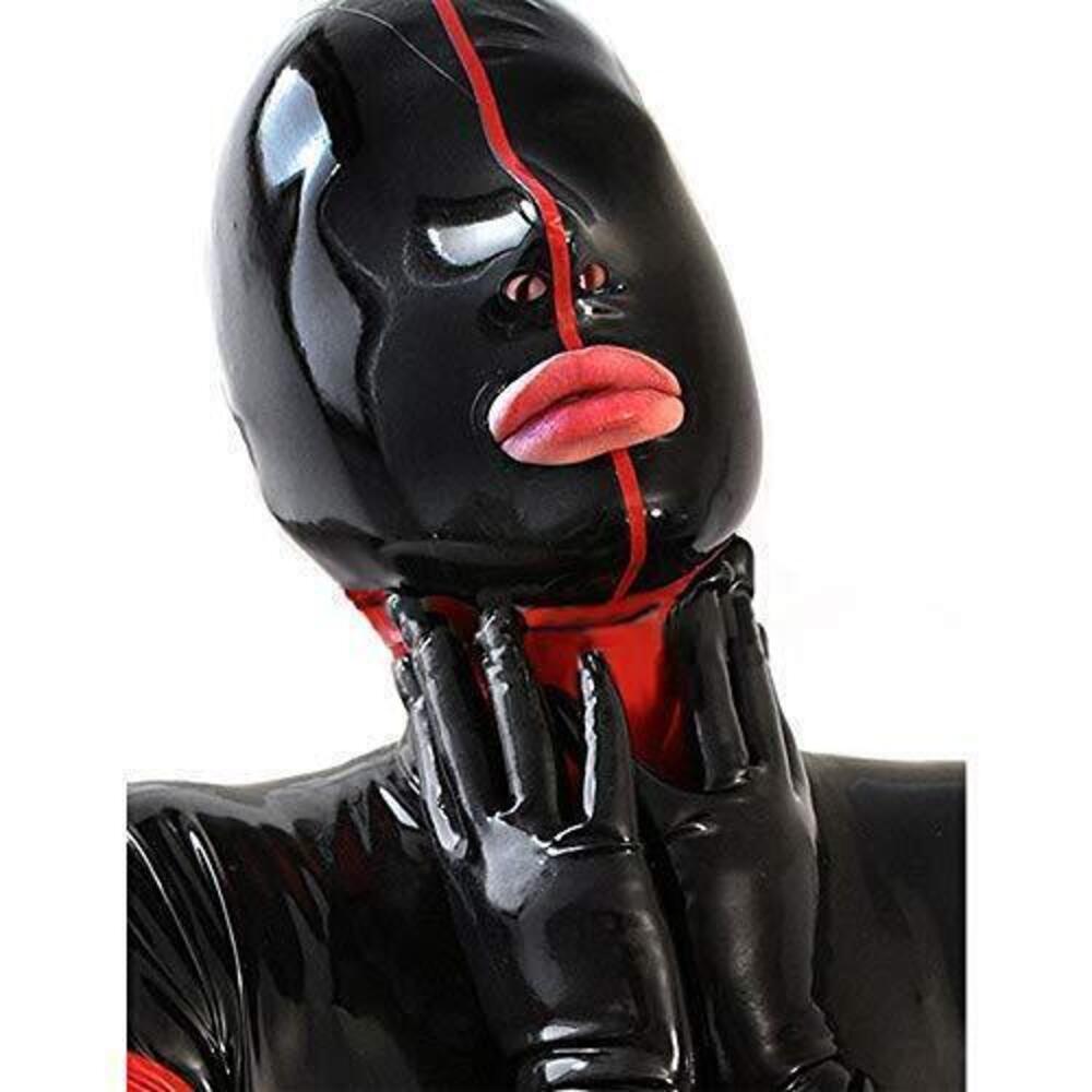 1685 Latex Mask Black Red Bar Head Unisex Hood Air vent Nostril Mouth BD44